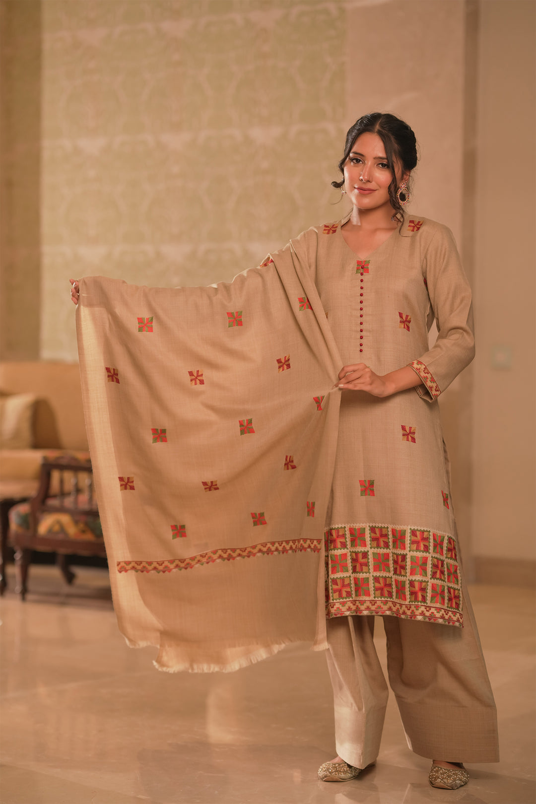 Kaira Phulkari Style Embroidered Unstitched Suit