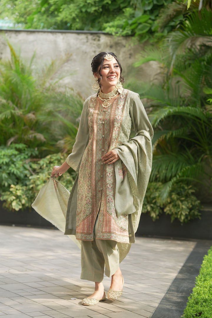 Firdaus Panel Embroidered Unstitched Suit With Zari Jaal Dupatta