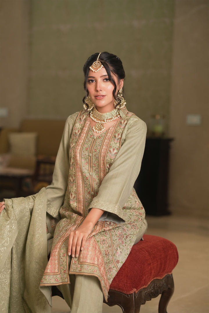 Firdaus Panel Embroidered Unstitched Suit With Zari Jaal Dupatta