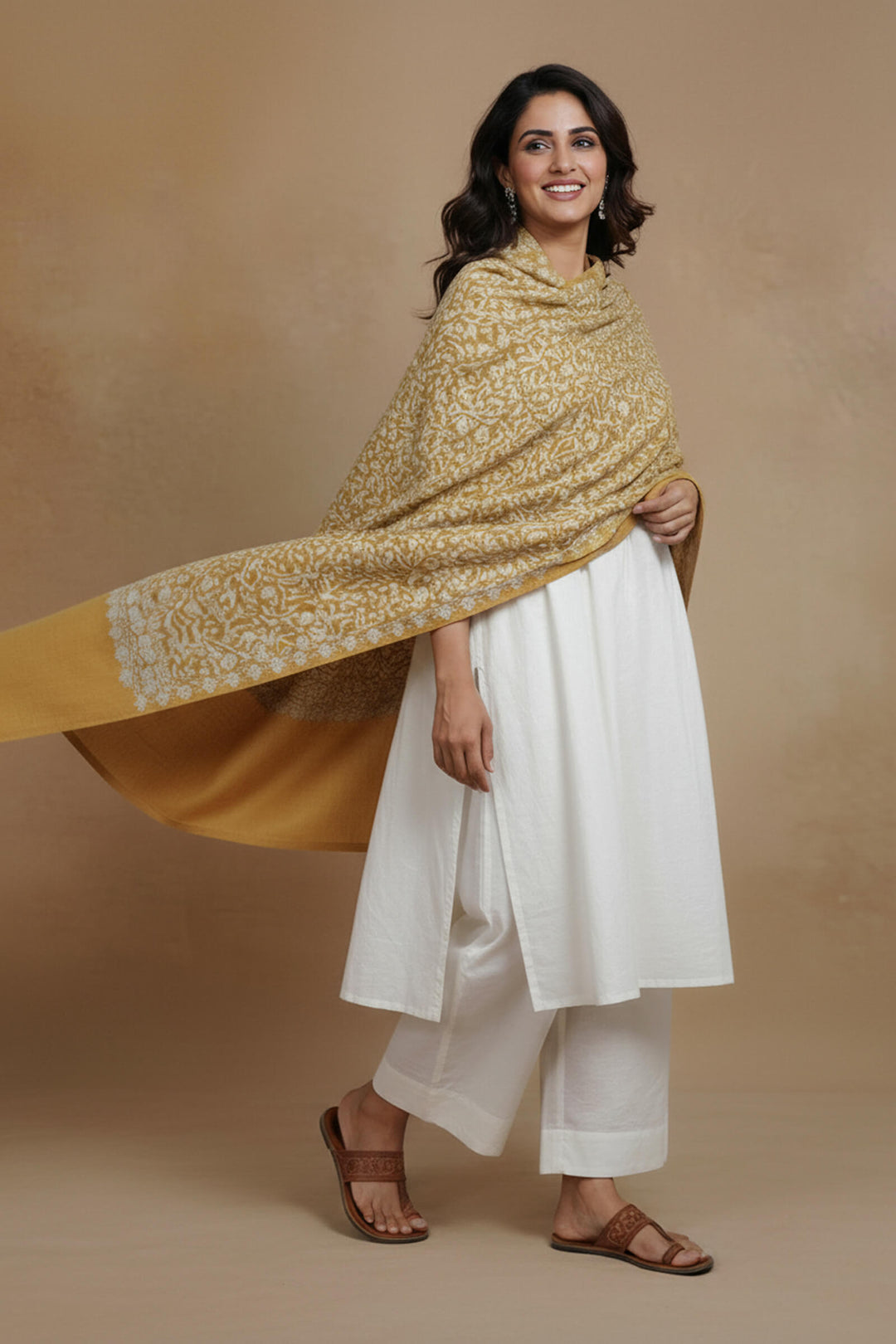 Chain Stitched Monotone Embroidered Shawl For Women
