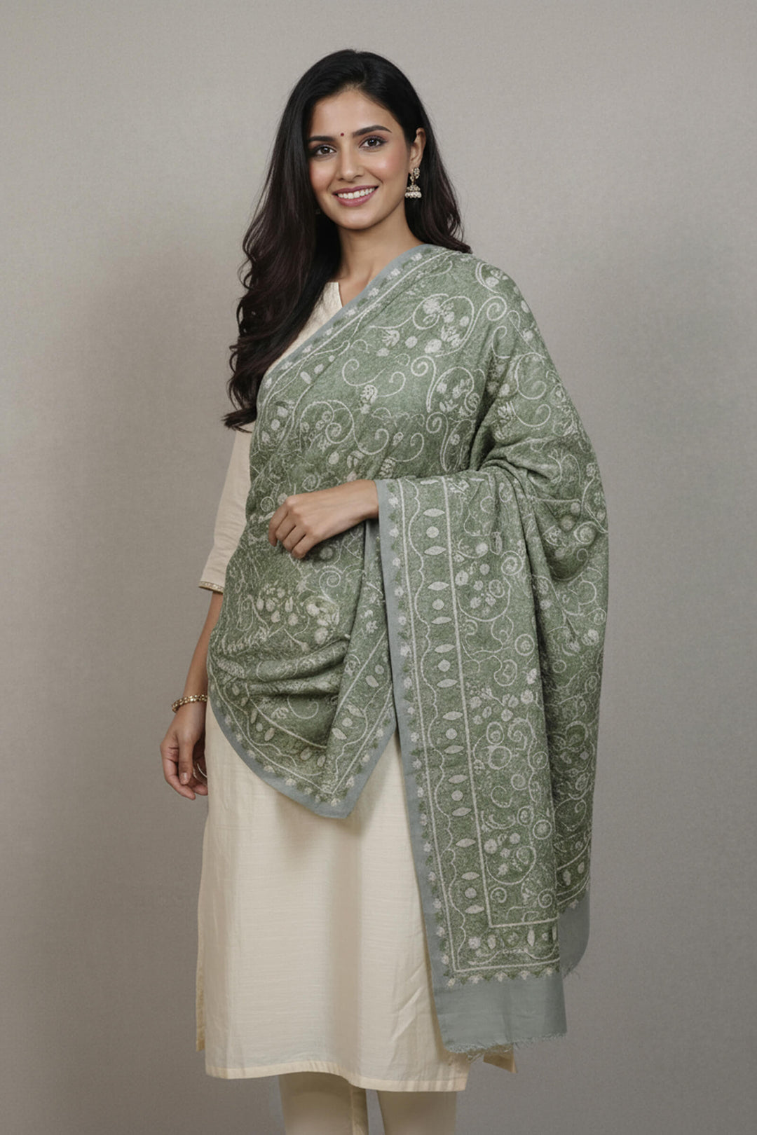 Dual-Tone Chain Stitch Embroidered Shawl For Women