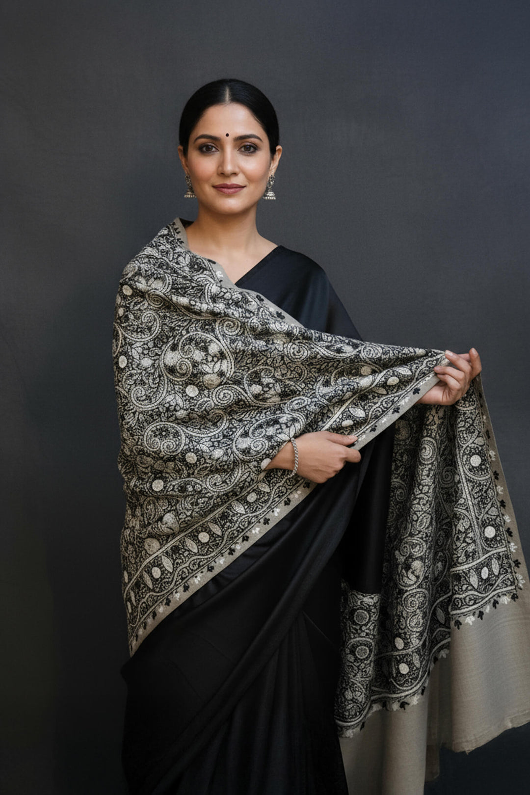 Dual-Tone Chain Stitch Embroidered Shawl For Women