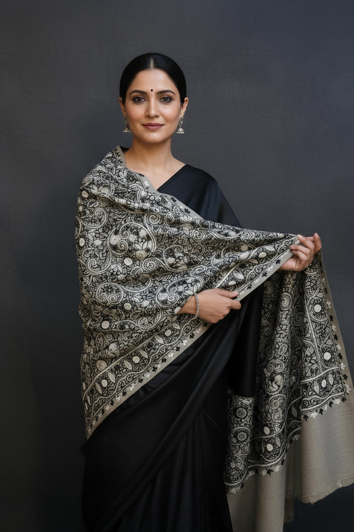 Dual-Tone Chain Stitch Embroidered Shawl For Women