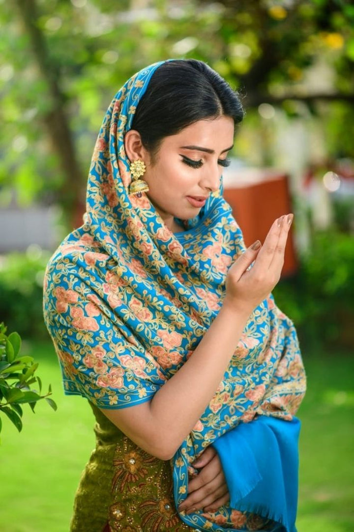 Turquoise Blue Chain Stitch Embroidered Stole On Plain Merino Wool Fabric