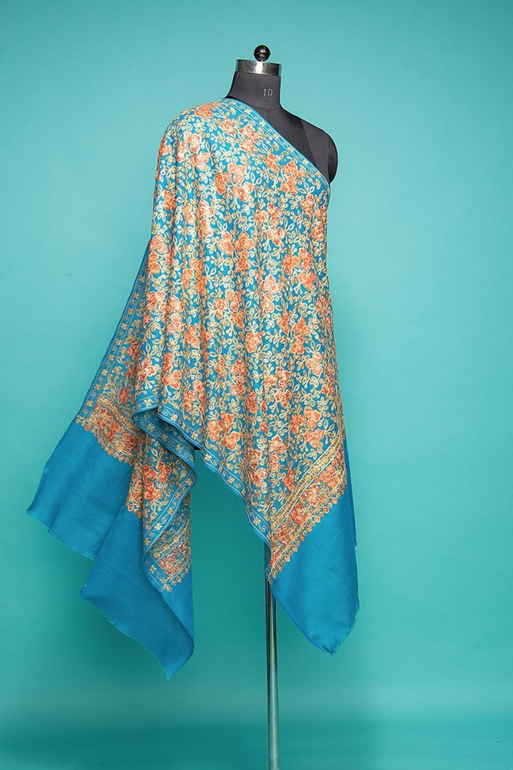 Turquoise Blue Chain Stitch Embroidered Stole On Plain Merino Wool Fabric