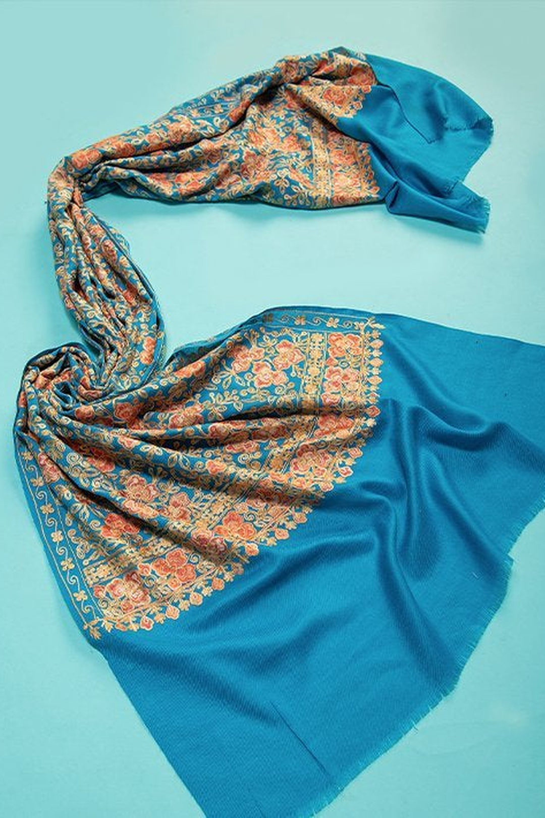 Turquoise Blue Chain Stitch Embroidered Stole On Plain Merino Wool Fabric