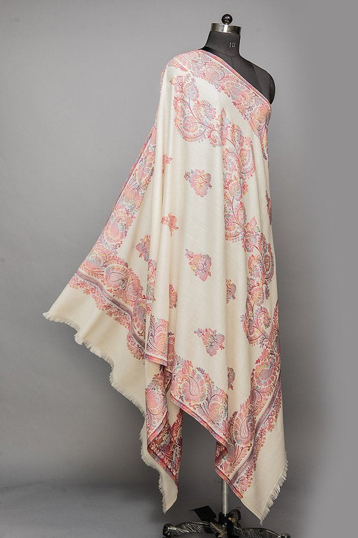 White Woven Jacquard Shawl In Merino Wool