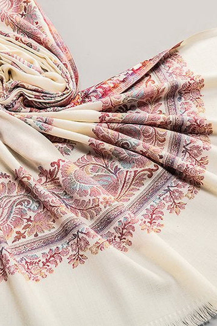 White Woven Jacquard Shawl In Merino Wool