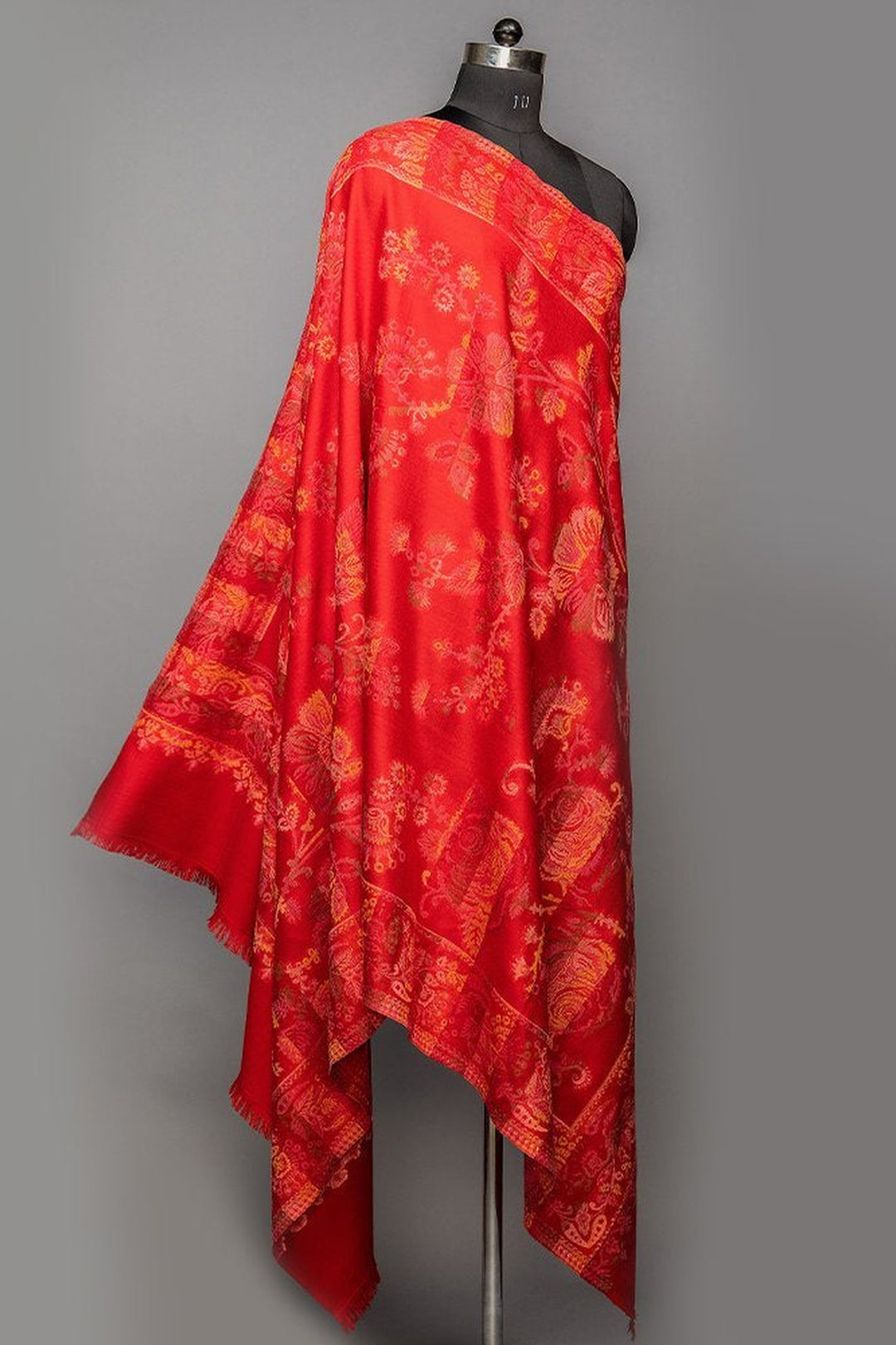 Red Woven Jacquard Shawl In Merino Wool