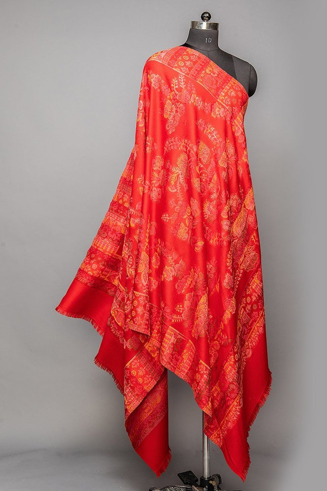 Red Woven Jacquard Shawl In Merino Wool