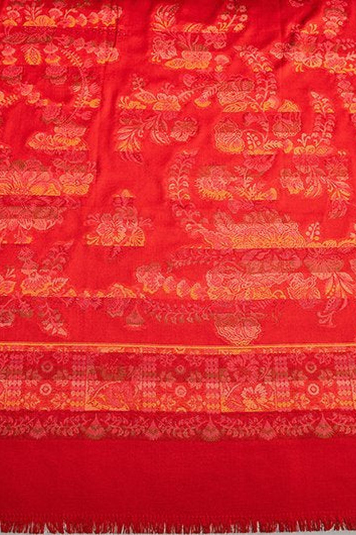 Red Woven Jacquard Shawl In Merino Wool