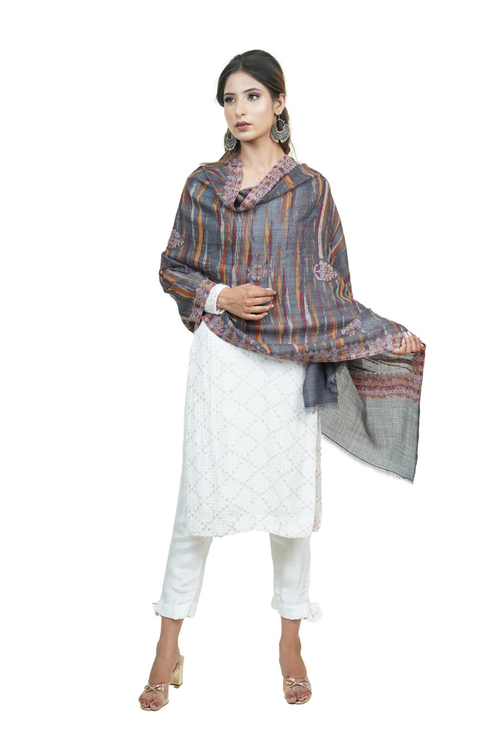 Merino Wool Women's Stole In Melange - Ikat Style