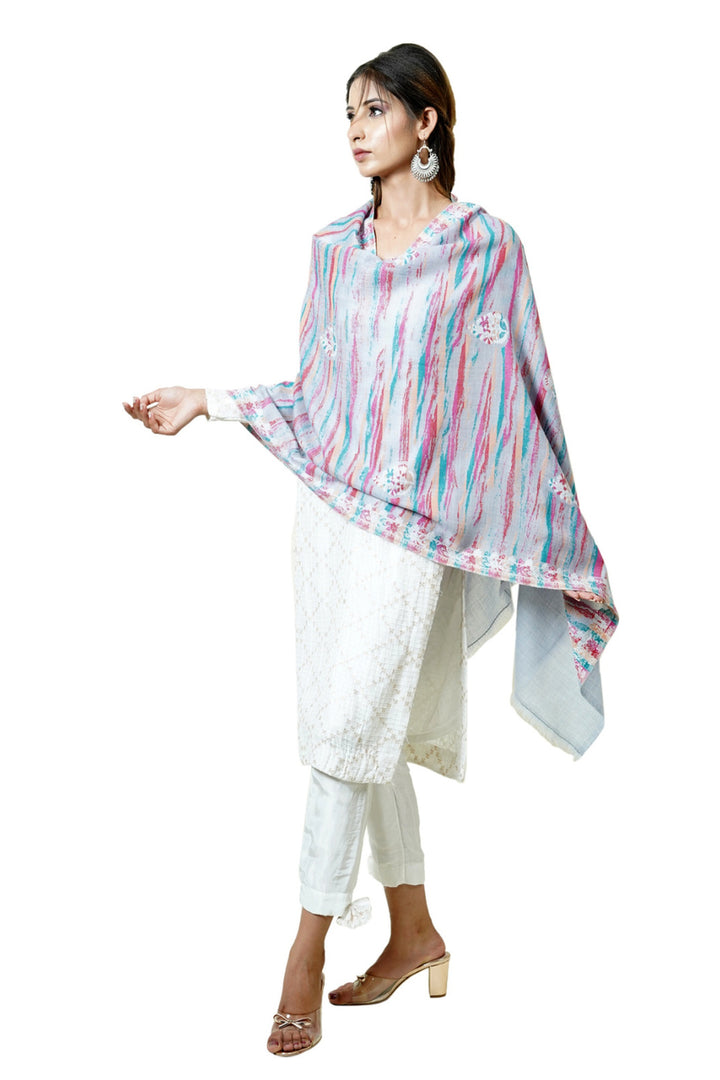 Merino Wool Women's Stole In Melange - Ikat Style