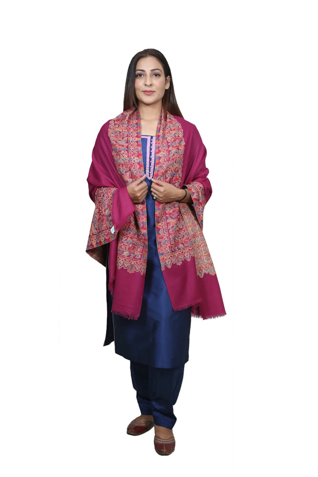 Magenta Pink Jamawar Shawl In Merino Wool