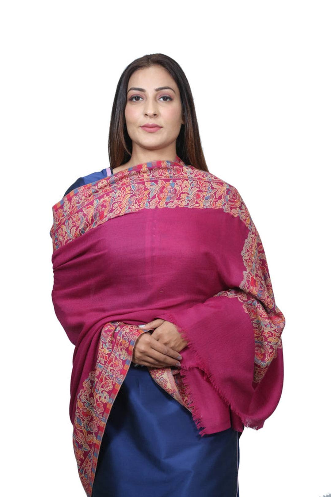 Magenta Pink Jamawar Shawl In Merino Wool