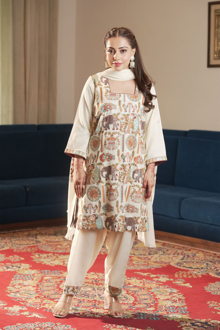 Mithila Embroidery Unstitched Suit With Pallu Border Dupatta