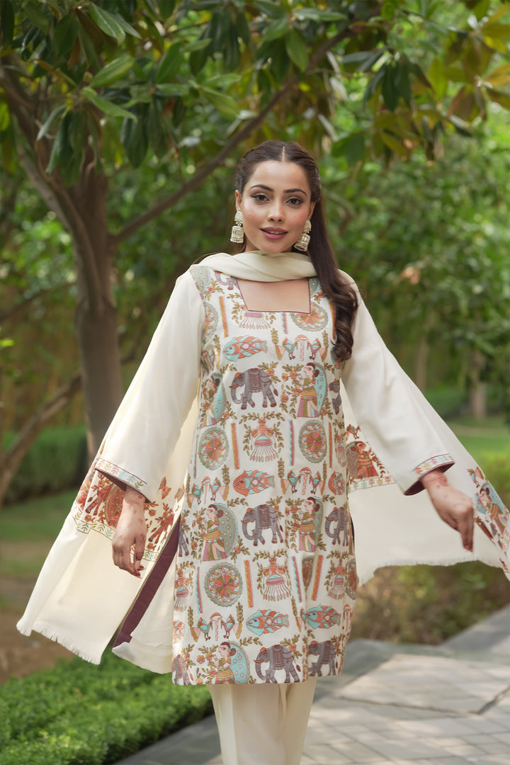 Mithila Embroidery Unstitched Suit With Pallu Border Dupatta