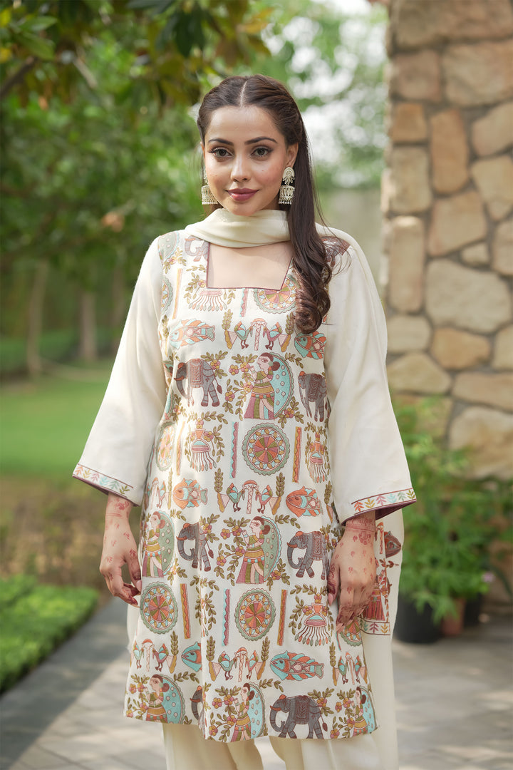 Mithila Embroidery Unstitched Suit With Pallu Border Dupatta