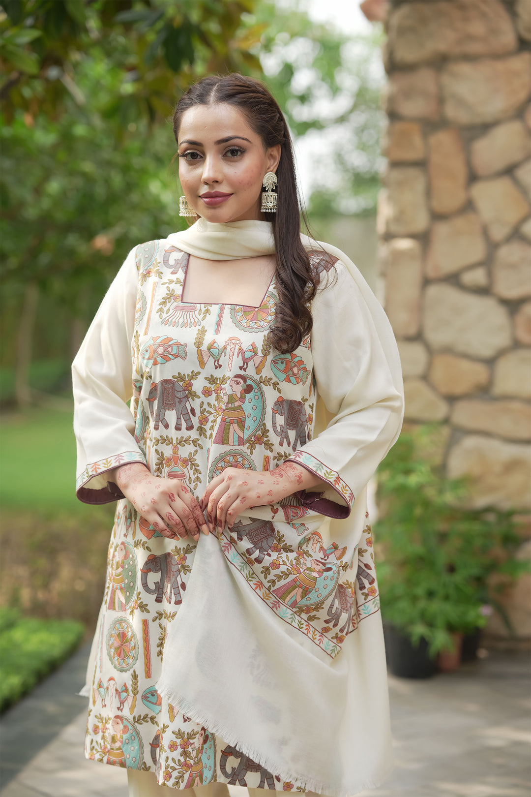 Mithila Embroidery Unstitched Suit With Pallu Border Dupatta