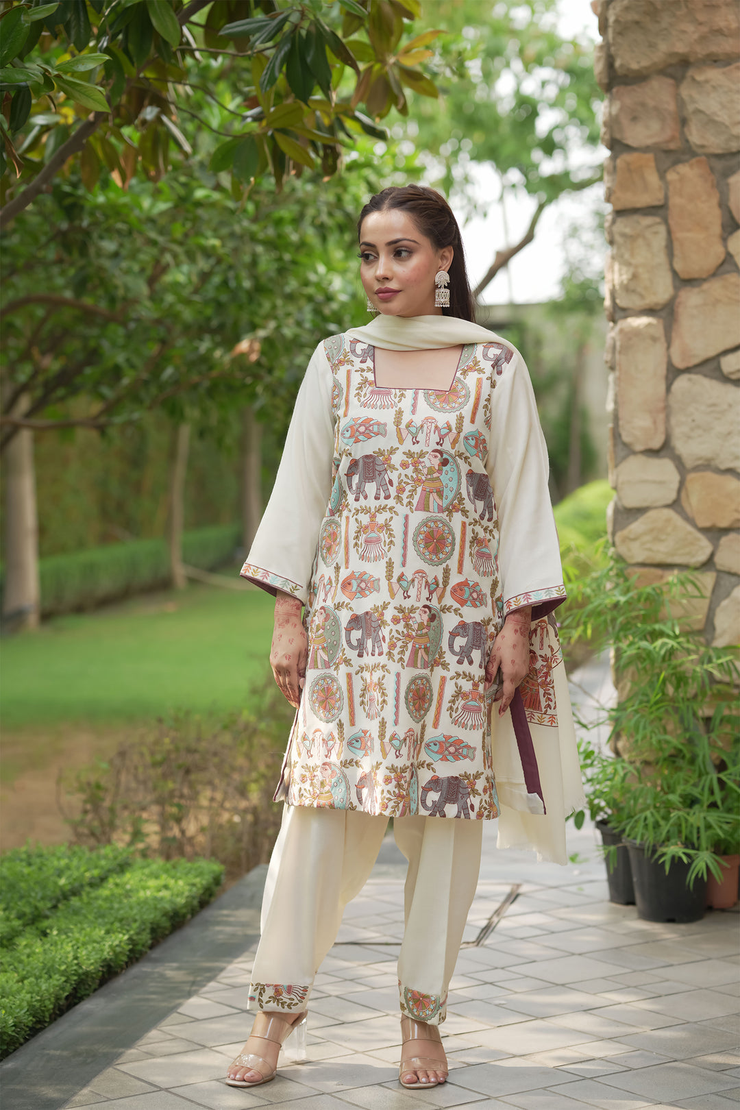 Mithila Embroidery Unstitched Suit With Pallu Border Dupatta