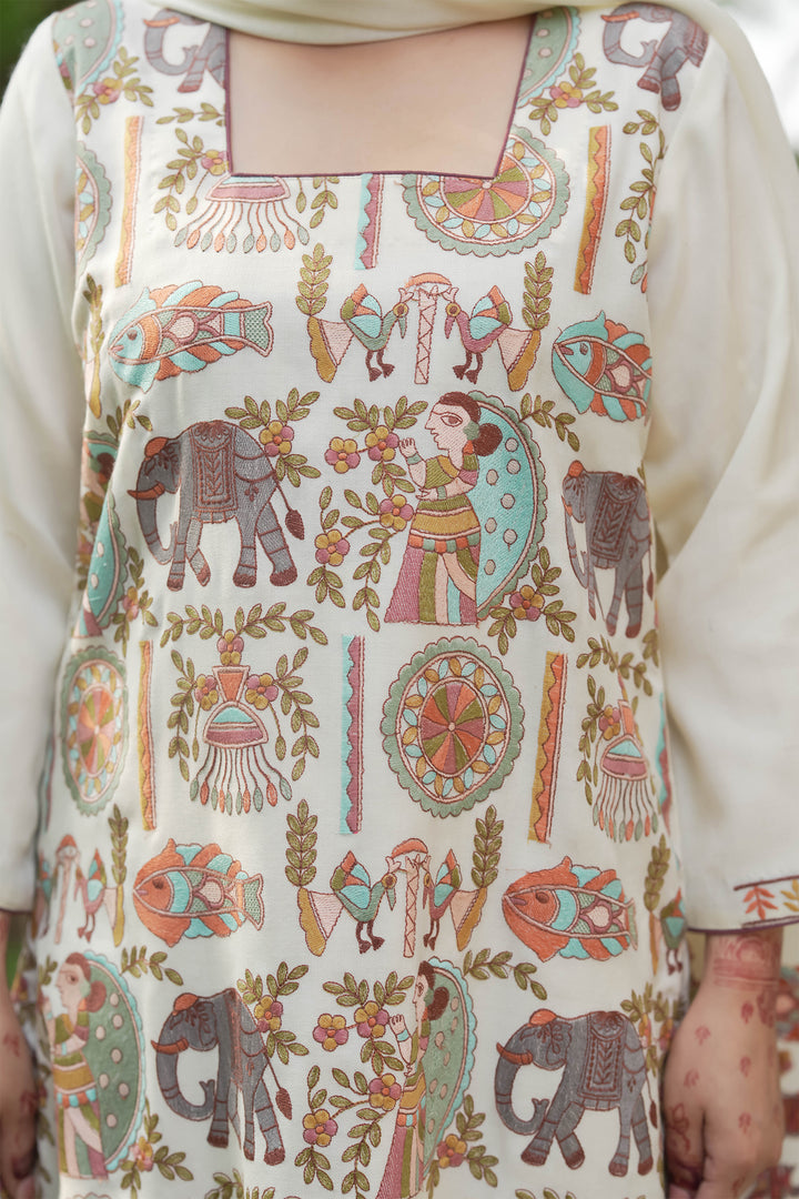 Mithila Embroidery Unstitched Suit With Pallu Border Dupatta