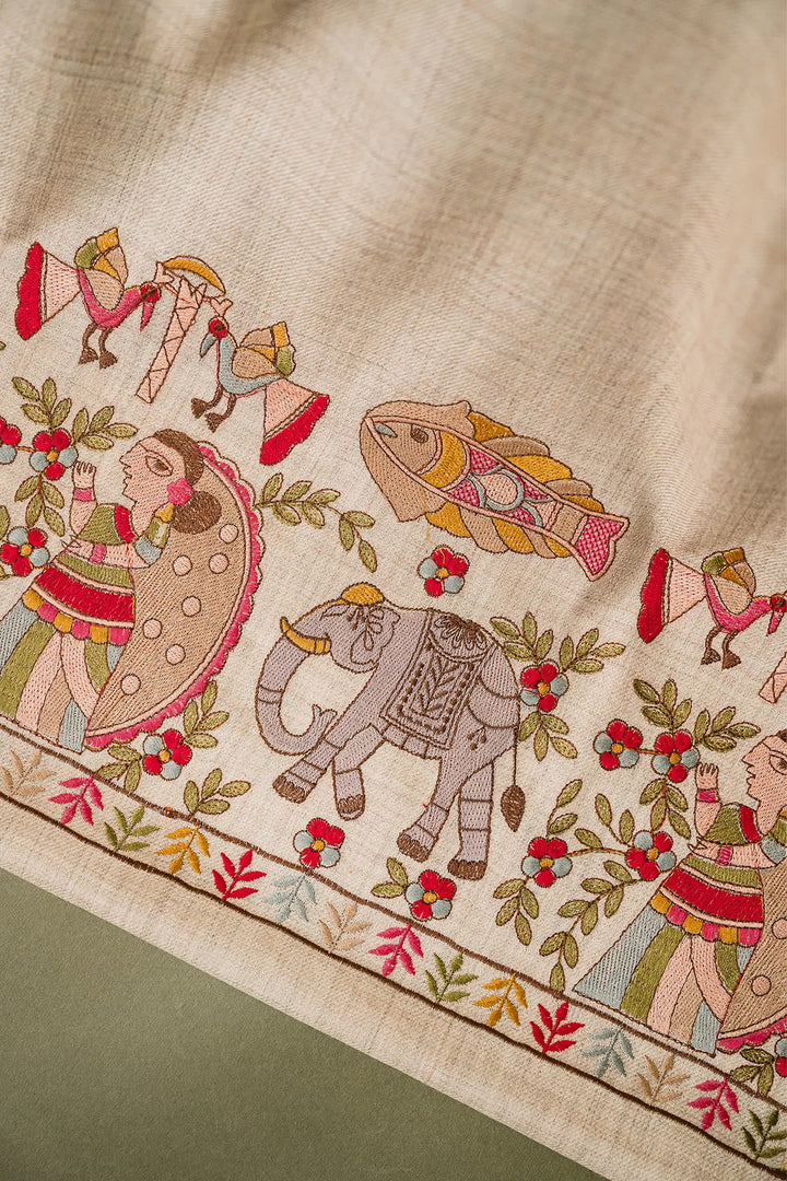 Mithila Embroidery Unstitched Suit With Pallu Border Dupatta