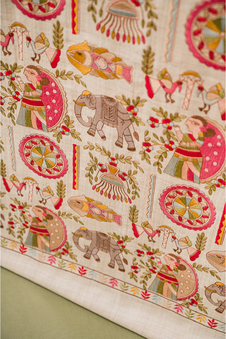 Mithila Embroidery Unstitched Suit With Pallu Border Dupatta