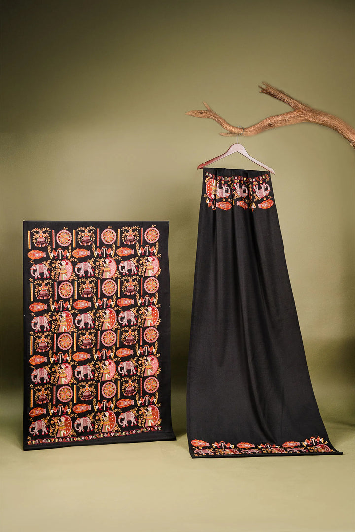 Mithila Embroidery Unstitched Suit With Pallu Border Dupatta