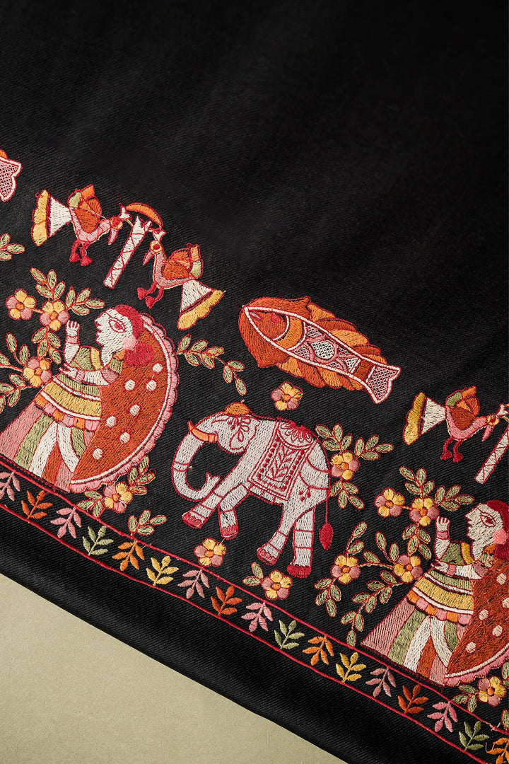 Mithila Embroidery Unstitched Suit With Pallu Border Dupatta