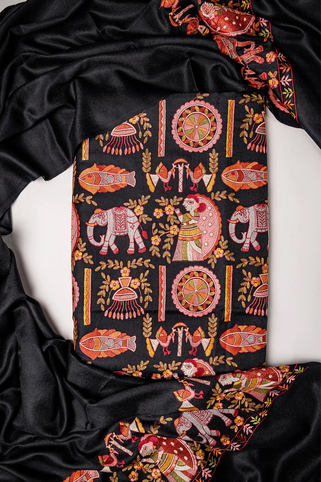 Mithila Embroidery Unstitched Suit With Pallu Border Dupatta