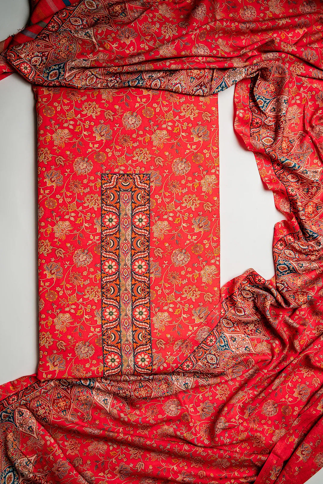 Floral Panel Style Unstitched Suit With Reversible Dupatta