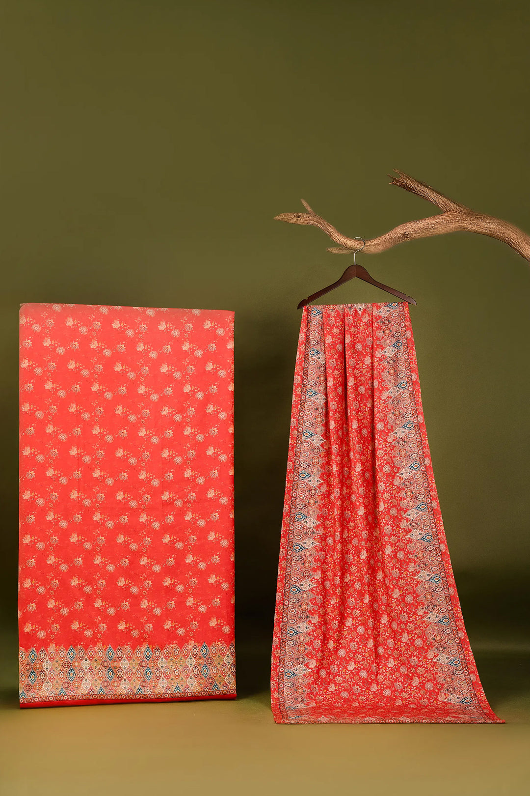 Floral Panel Style Unstitched Suit With Reversible Dupatta