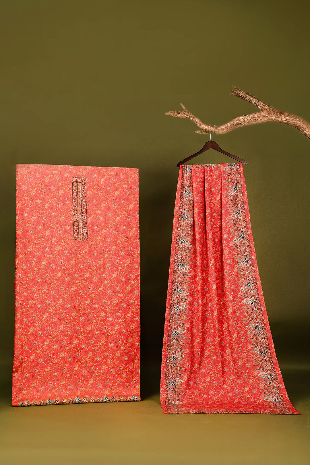 Floral Panel Style Unstitched Suit With Reversible Dupatta