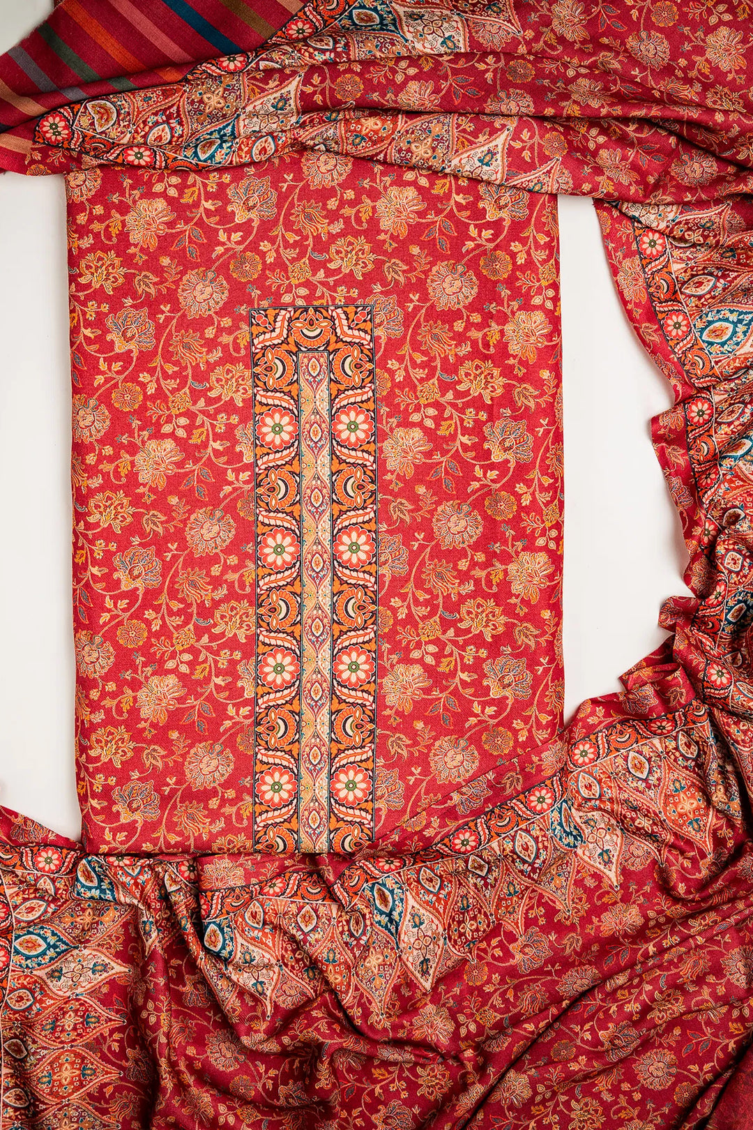 Floral Panel Style Unstitched Suit With Reversible Dupatta