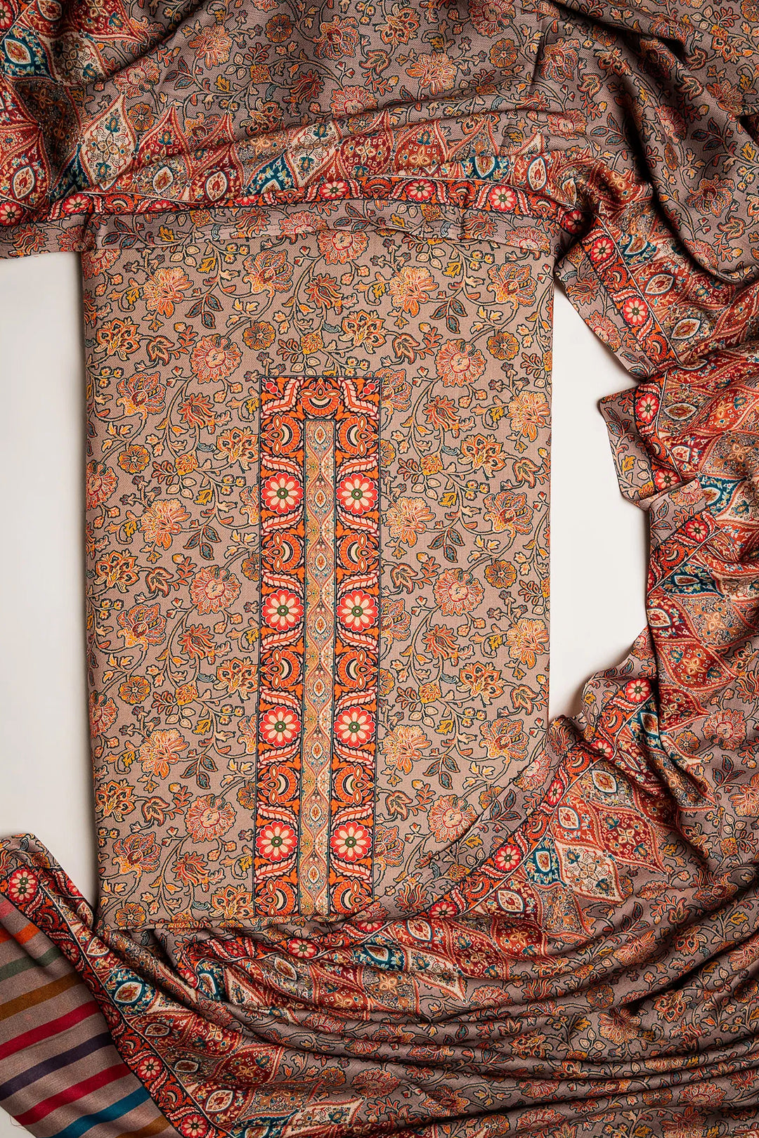 Floral Panel Style Unstitched Suit With Reversible Dupatta