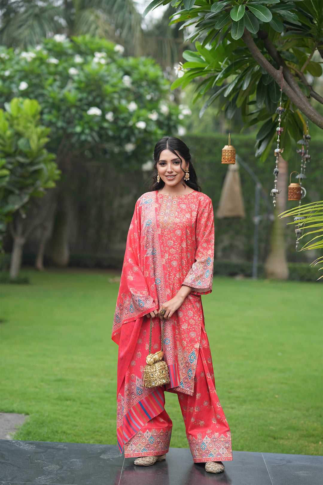 Floral Panel Style Unstitched Suit With Reversible Dupatta