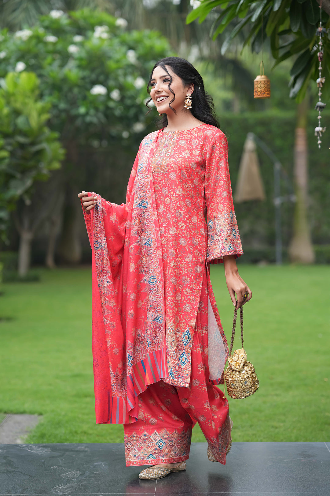 Floral Panel Style Unstitched Suit With Reversible Dupatta