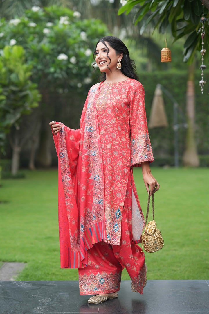 Floral Panel Style Unstitched Suit With Reversible Dupatta