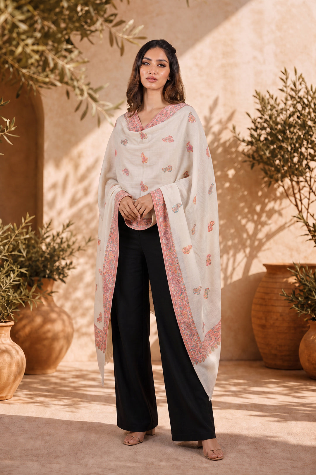 White Woven Kani Women's Shawl