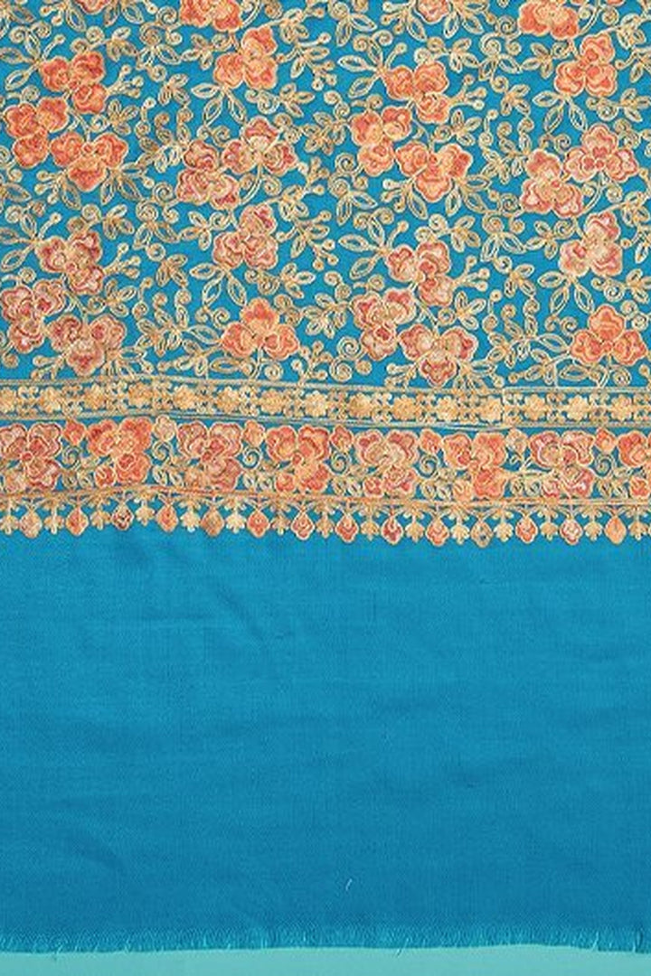 Turquoise Blue Chain Stitch Embroidered Stole On Plain Merino Wool Fabric