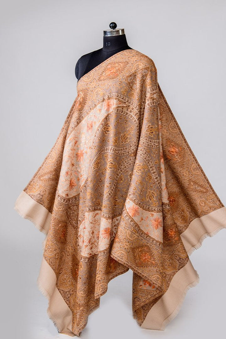 Fawn Chain Stitch Embroidery Jamawar Shawl