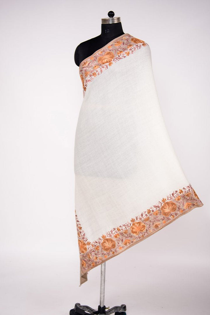 White Chain Stitch Embroidery On Merino Wool Shawl Woven On Handloom