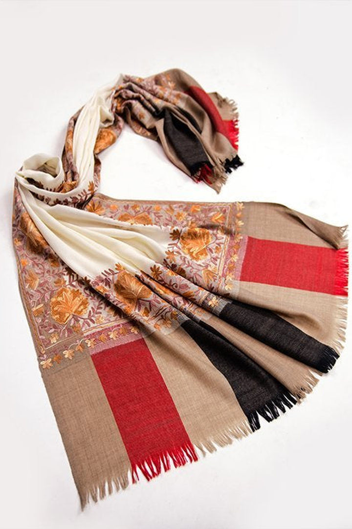 White Chain Stitch Embroidery On Merino Wool Shawl Woven On Handloom