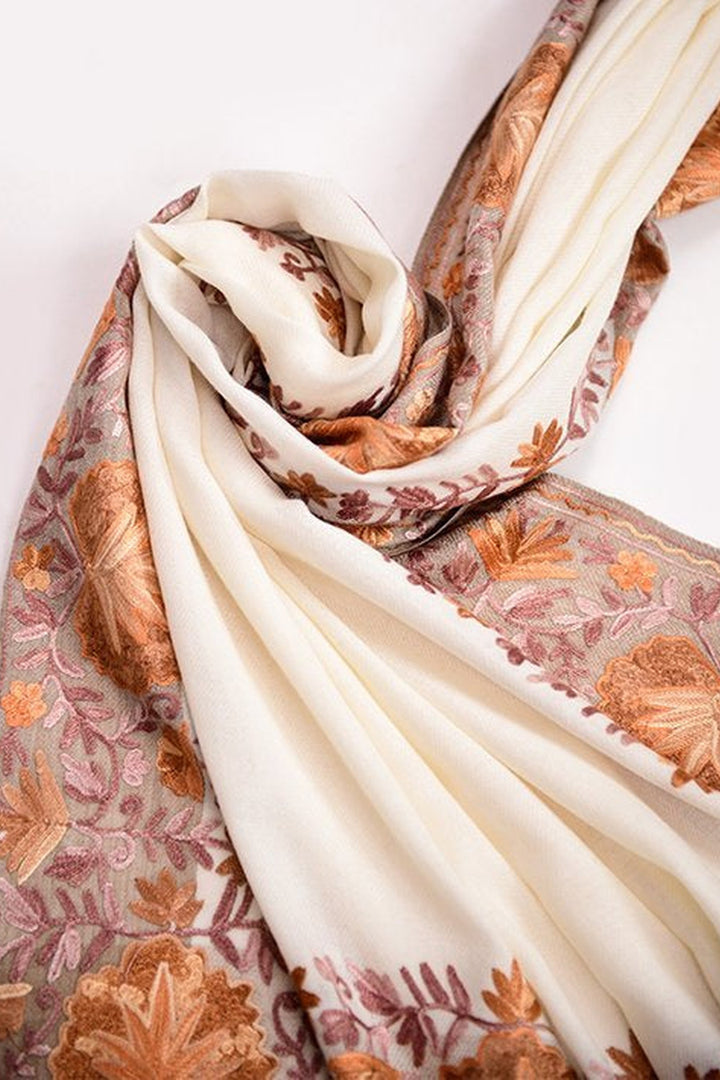 White Chain Stitch Embroidery On Merino Wool Shawl Woven On Handloom
