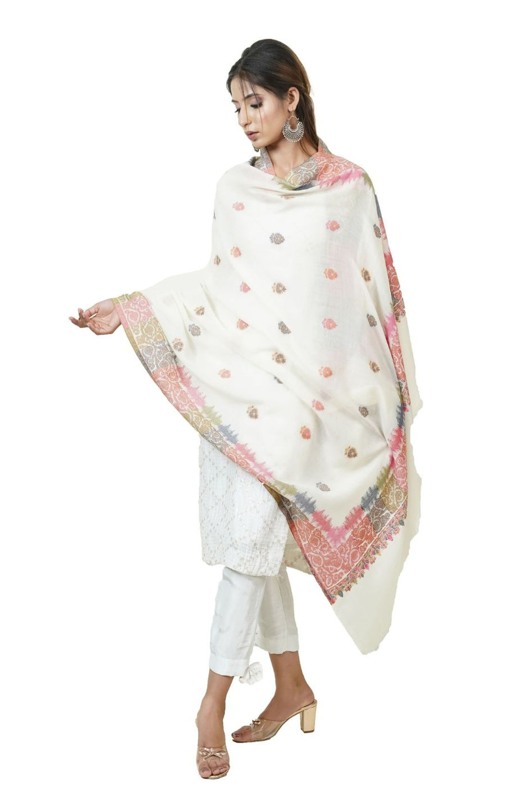 White Ikat Pattern Woven Women's Shawl