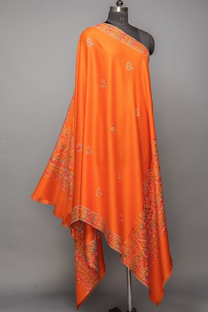Orange Woven Jacquard Shawl In Merino Wool