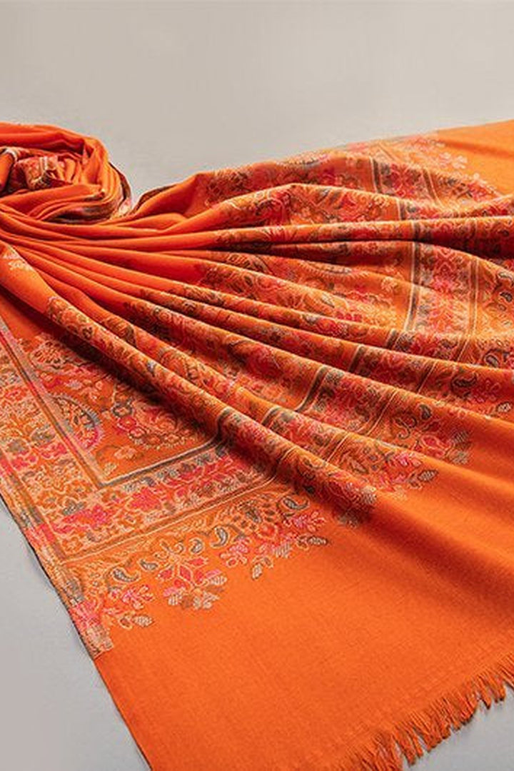 Orange Woven Jacquard Shawl In Merino Wool