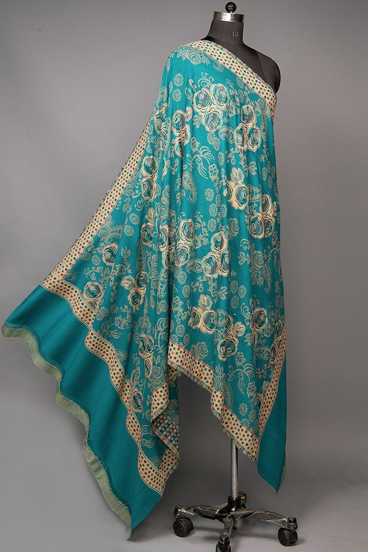 Teal Blue Jamawar Shawl In Merino Wool