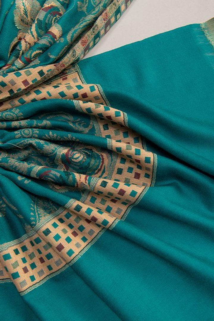 Teal Blue Jamawar Shawl In Merino Wool