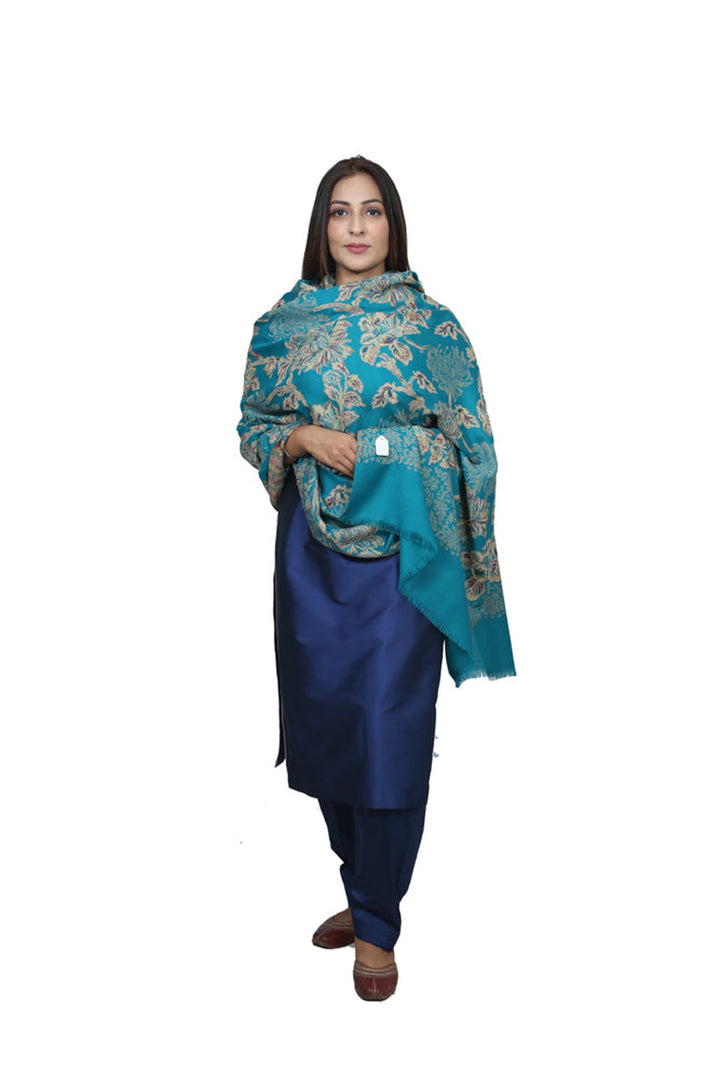Teal Blue Jamawar Shawl In Merino Wool